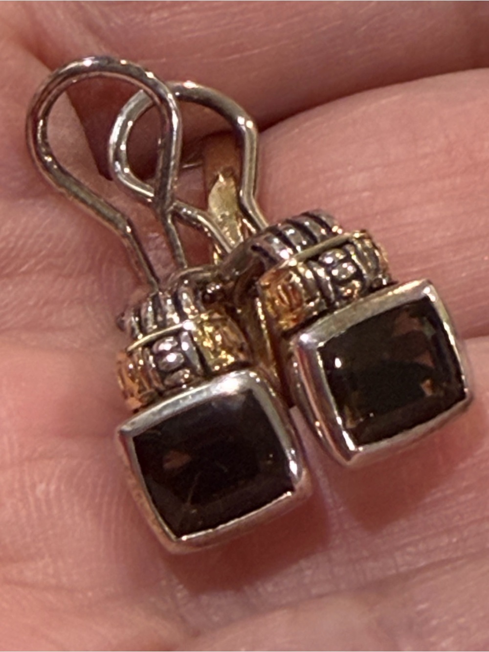 Lagos Caviar Two Tone Sterling Silver 18K Gold Smoky Quartz French Clip Earrings